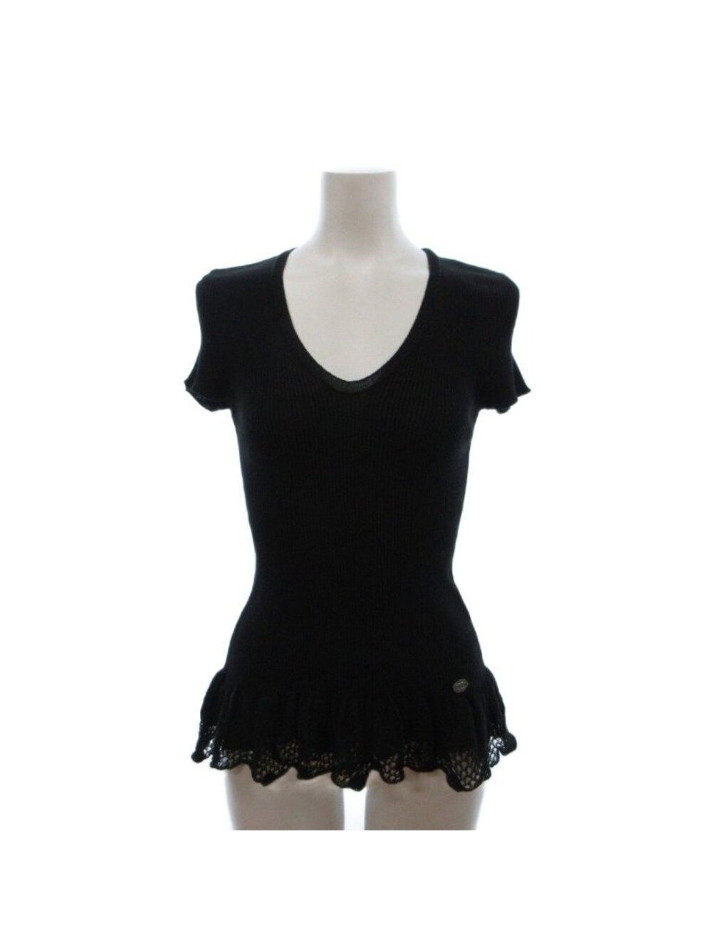 Chanel Summer Knit Short Sleeve CC Logo Ruffle Lace Black Sweater 38